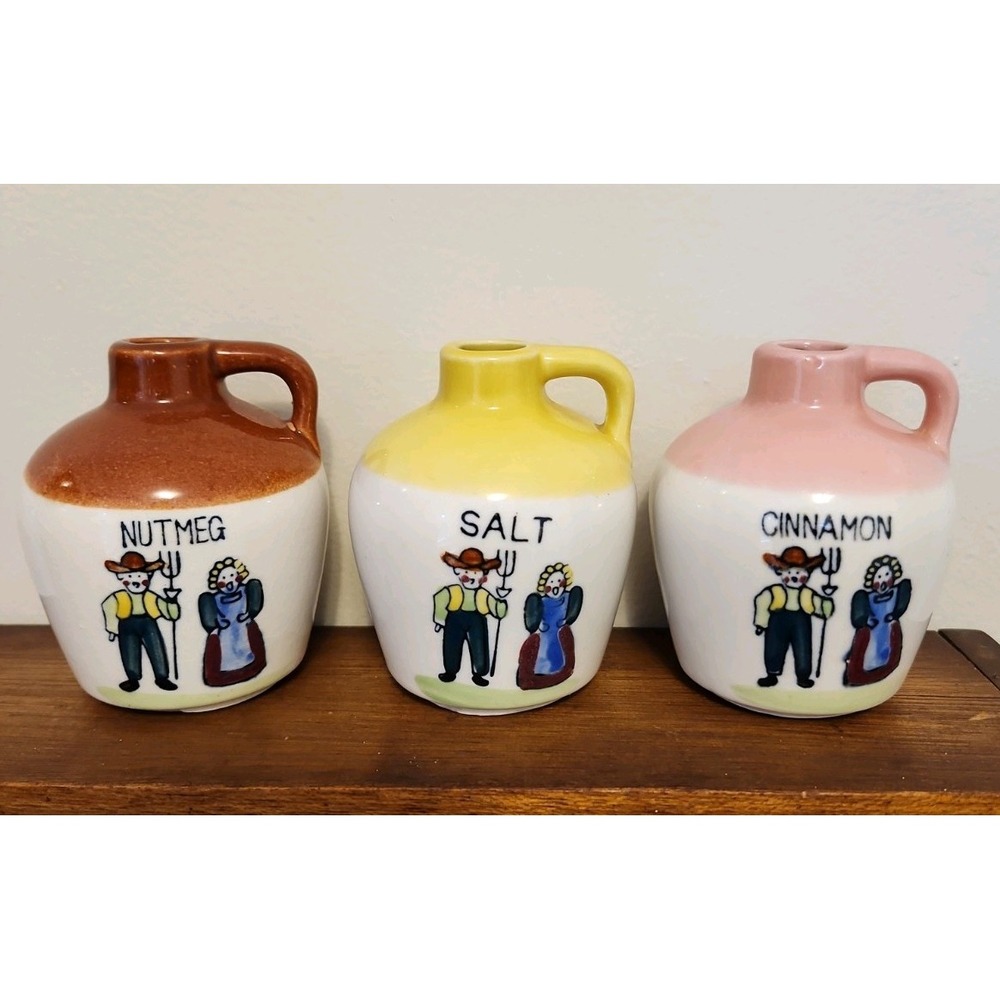 3 Mid-Century Miniature Country Folk Art "American Gothic" Ceramic Spice Jars